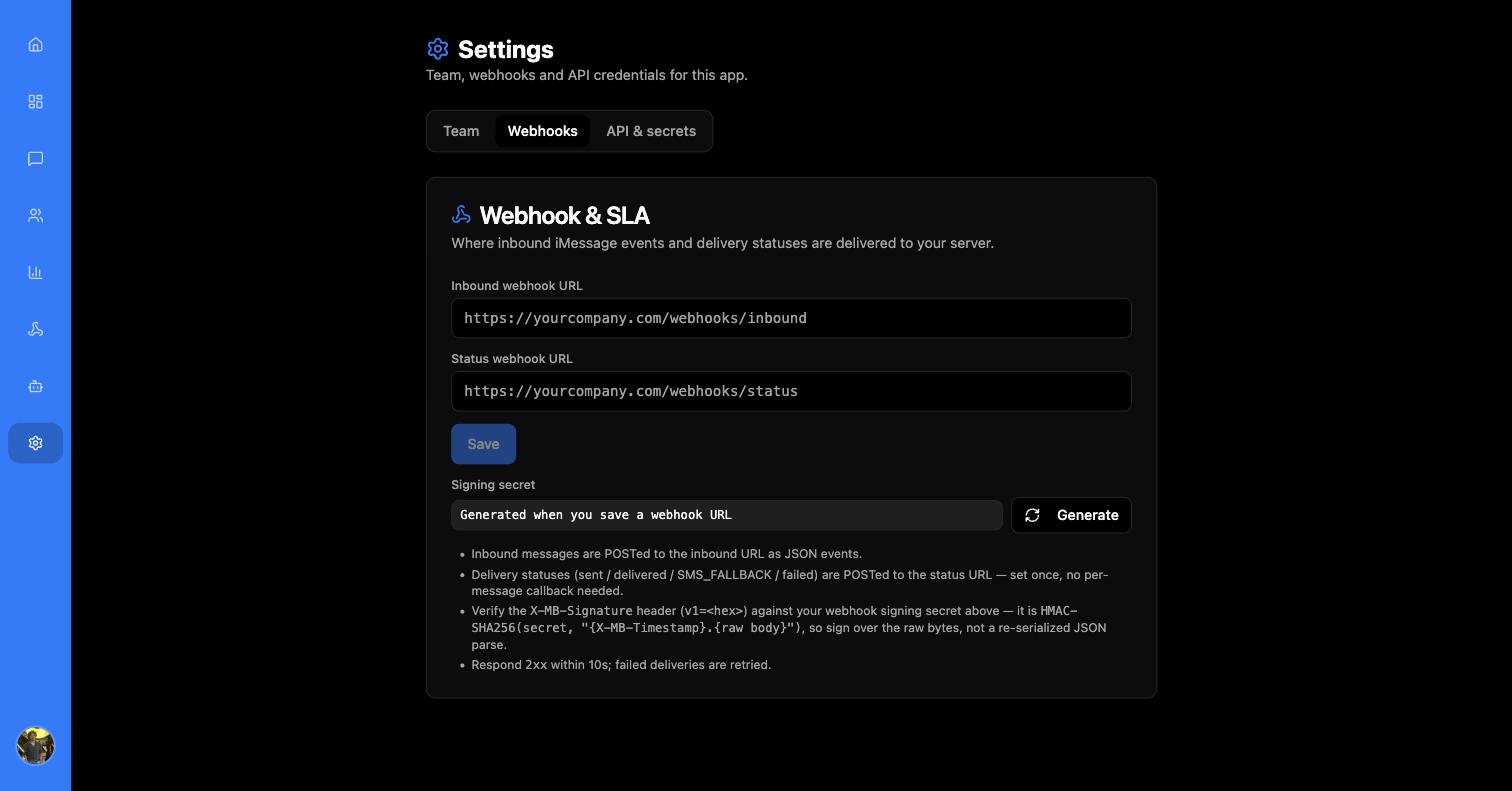 Settings Webhooks tab with inbound and status URL fields, a Save button, the signing secret with a Generate button, and four bullet points describing the contract
