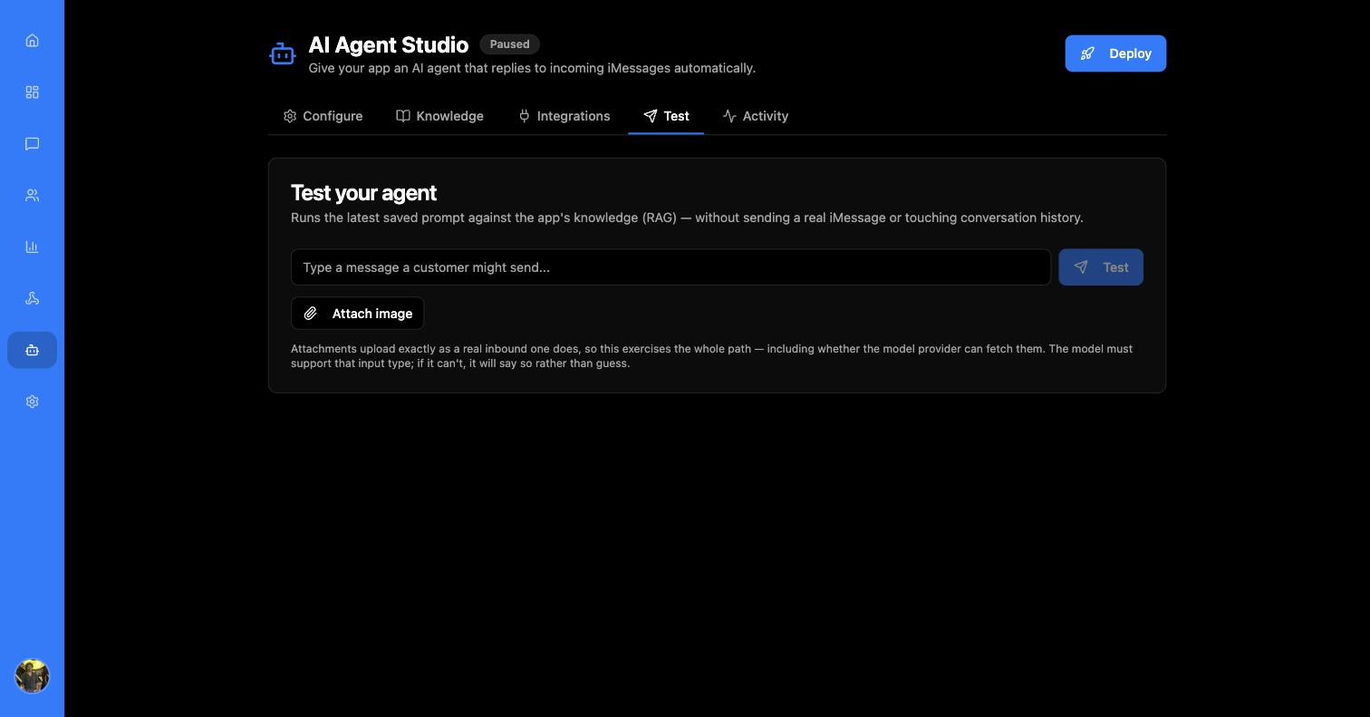 Test your agent tab with a message field, Test button and Attach image control