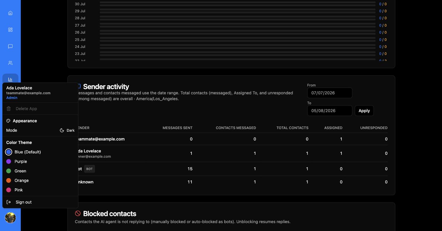 Account menu showing the signed-in user with an Admin badge, a disabled Delete App item, Mode and Color Theme controls, and Sign out