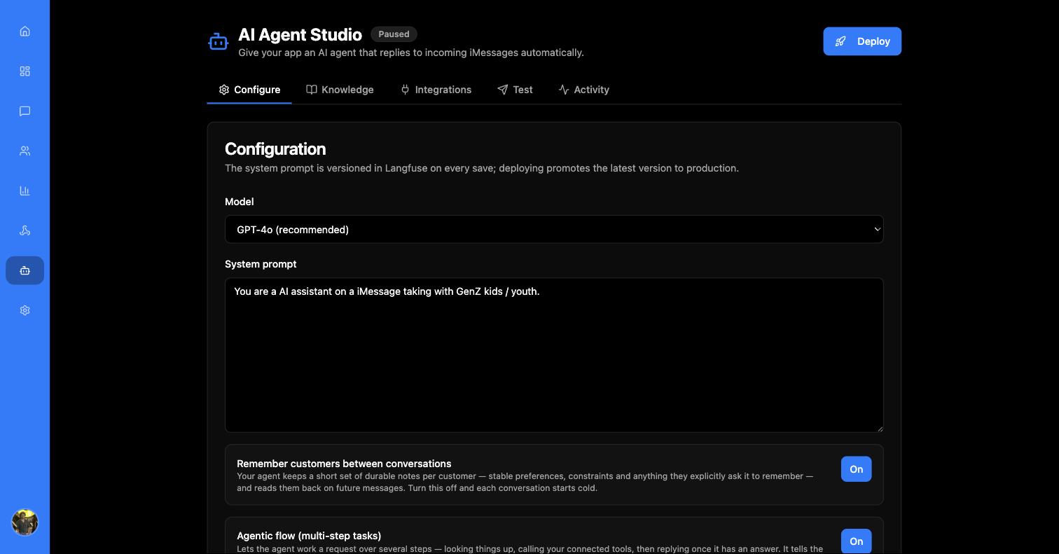 AI Agent Studio Configure tab showing the model dropdown, system prompt box and the Remember customers toggle