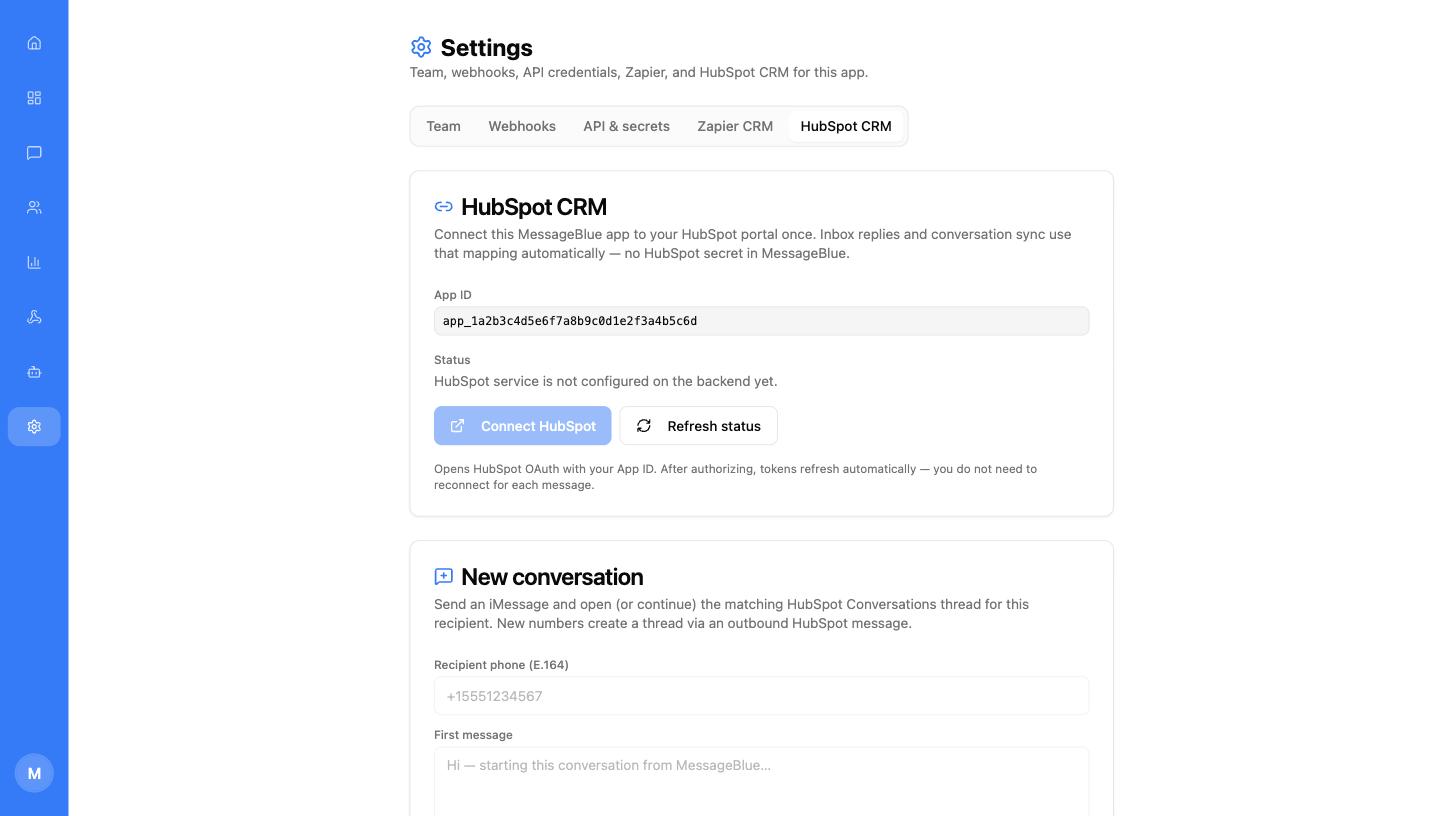 MessageBlue Settings with five tabs and HubSpot CRM selected, showing an App ID field, a Status line, and Connect HubSpot and Refresh status buttons