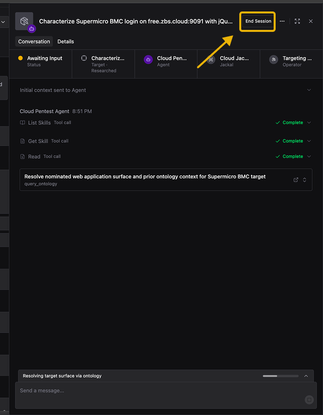 Live Agent session with the End Session button highlighted in the top right.
