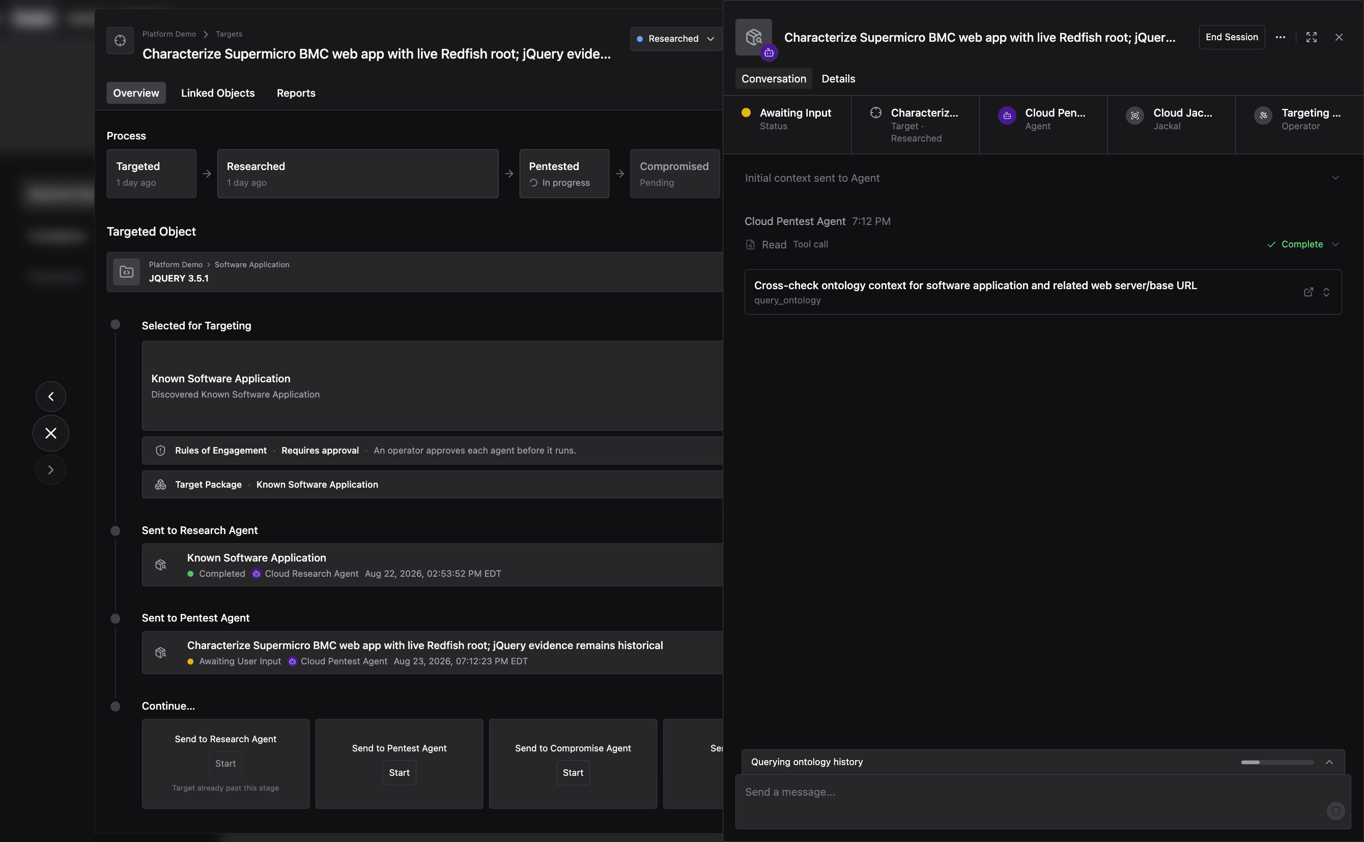 Live Agent session view showing the conversation with tool calls, interim notes, and a chat input for asking the Agent questions.
