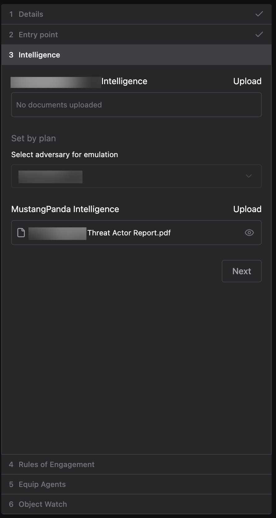 Intelligence step showing an upload area titled after the Environment with no documents uploaded, a Select adversary for emulation dropdown marked Set by plan, and a second upload area titled after the Adversary listing an uploaded threat actor report PDF