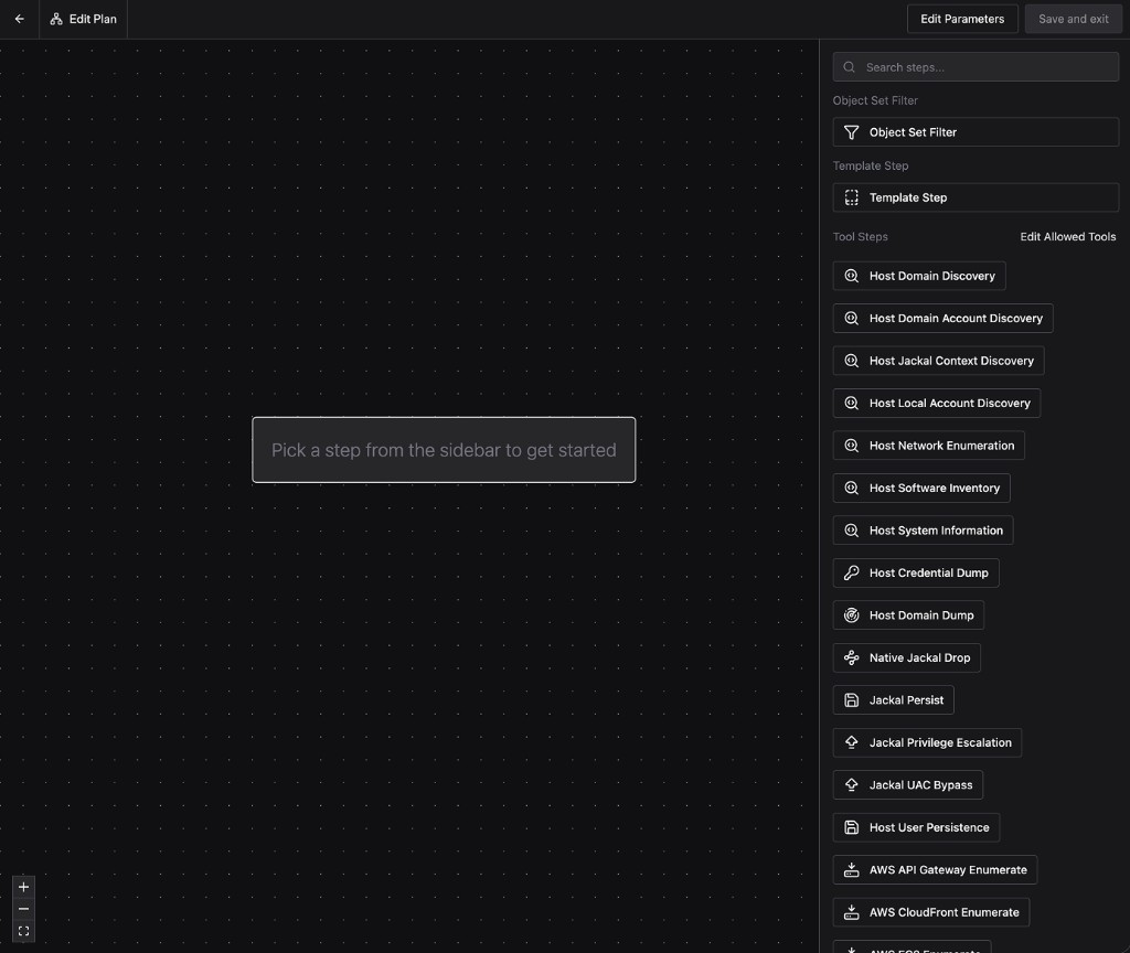 Empty Plan editor with a blank canvas in the middle and a sidebar listing Object Set Filter, Template Step, and Tool Steps