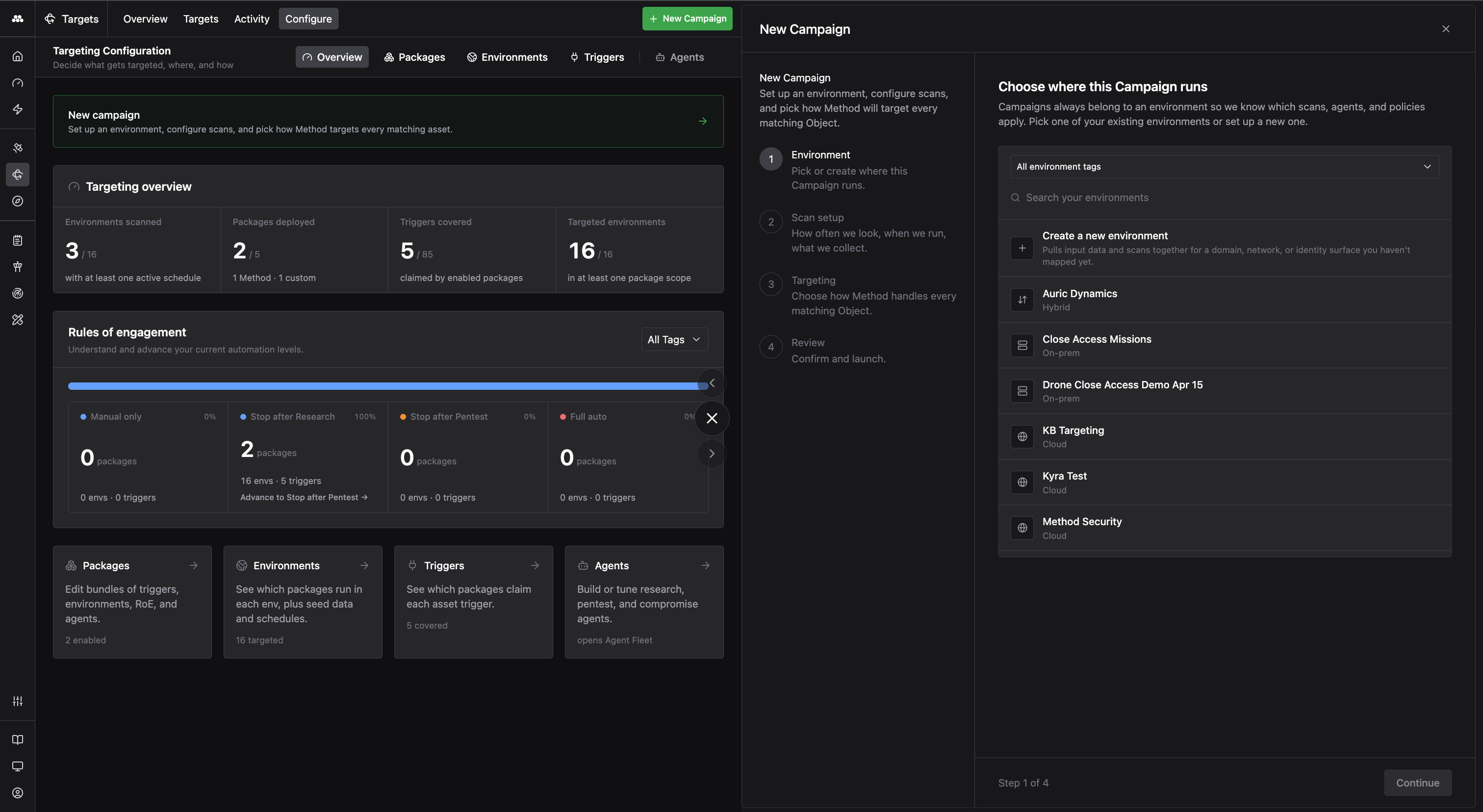New Campaign wizard step 1 showing a searchable list of existing Environments.