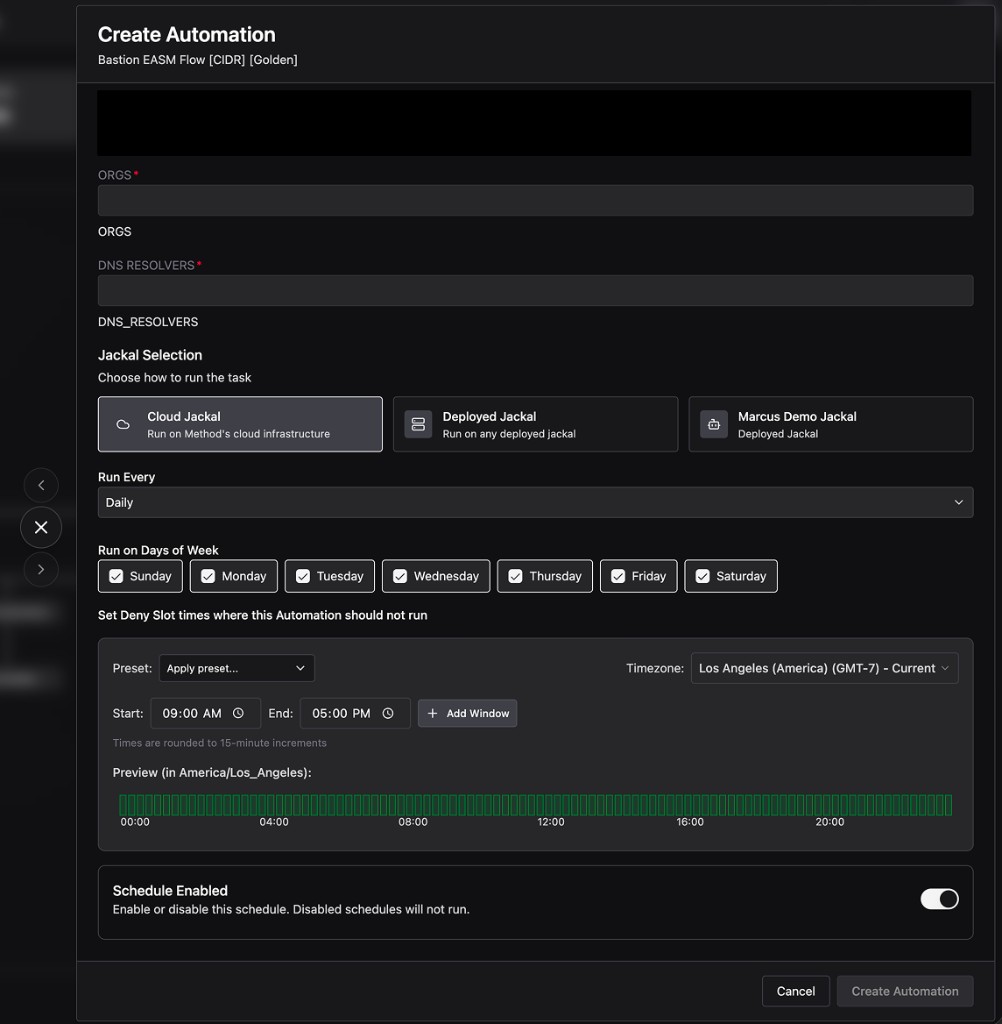 Schedule form showing Run Every dropdown, Run on Days of Week toggles, Deny Slot windows with timezone and preview timeline, and Schedule Enabled toggle