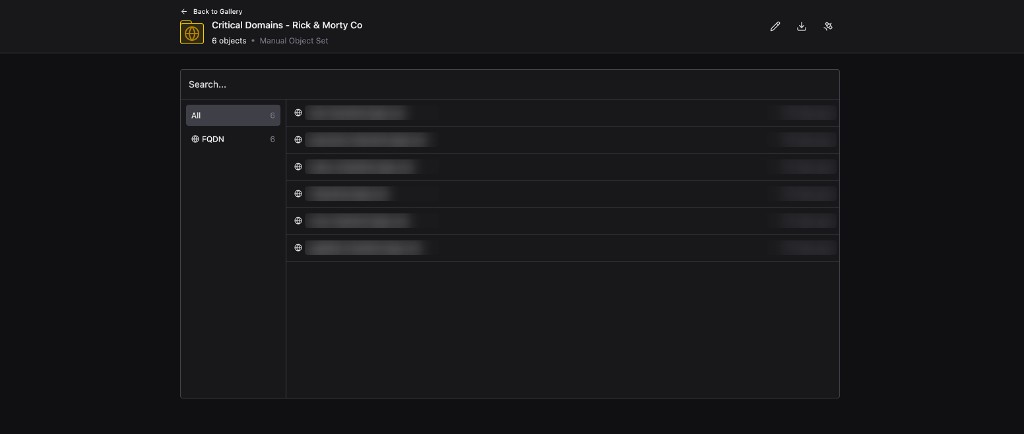 Detail view of a Manual Object Set named Critical Domains containing six FQDN Objects