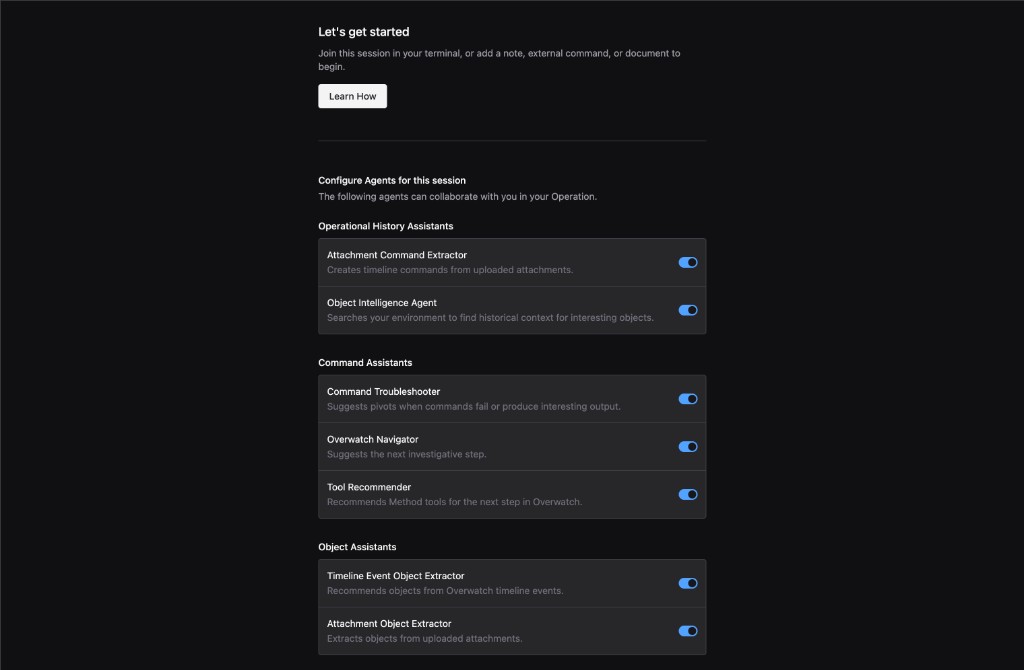 The Configure Agents panel inside an Overwatch session, with Agents grouped into Operational History Assistants, Command Assistants, and Object Assistants. Each Agent has a name, a short description, and an enable toggle.