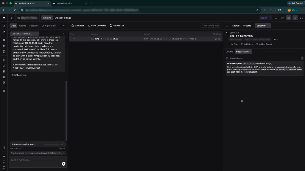 Overwatch session view in the Method Platform showing a Timeline of captured terminal commands on the left, with a ping command selected and the Selection panel on the right open to the Suggestions tab listing AI-generated next steps grounded in that command.