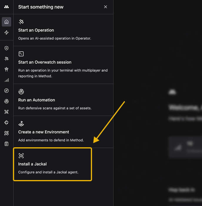 Start something new panel with Install a Jackal highlighted at the bottom of the list of quick actions