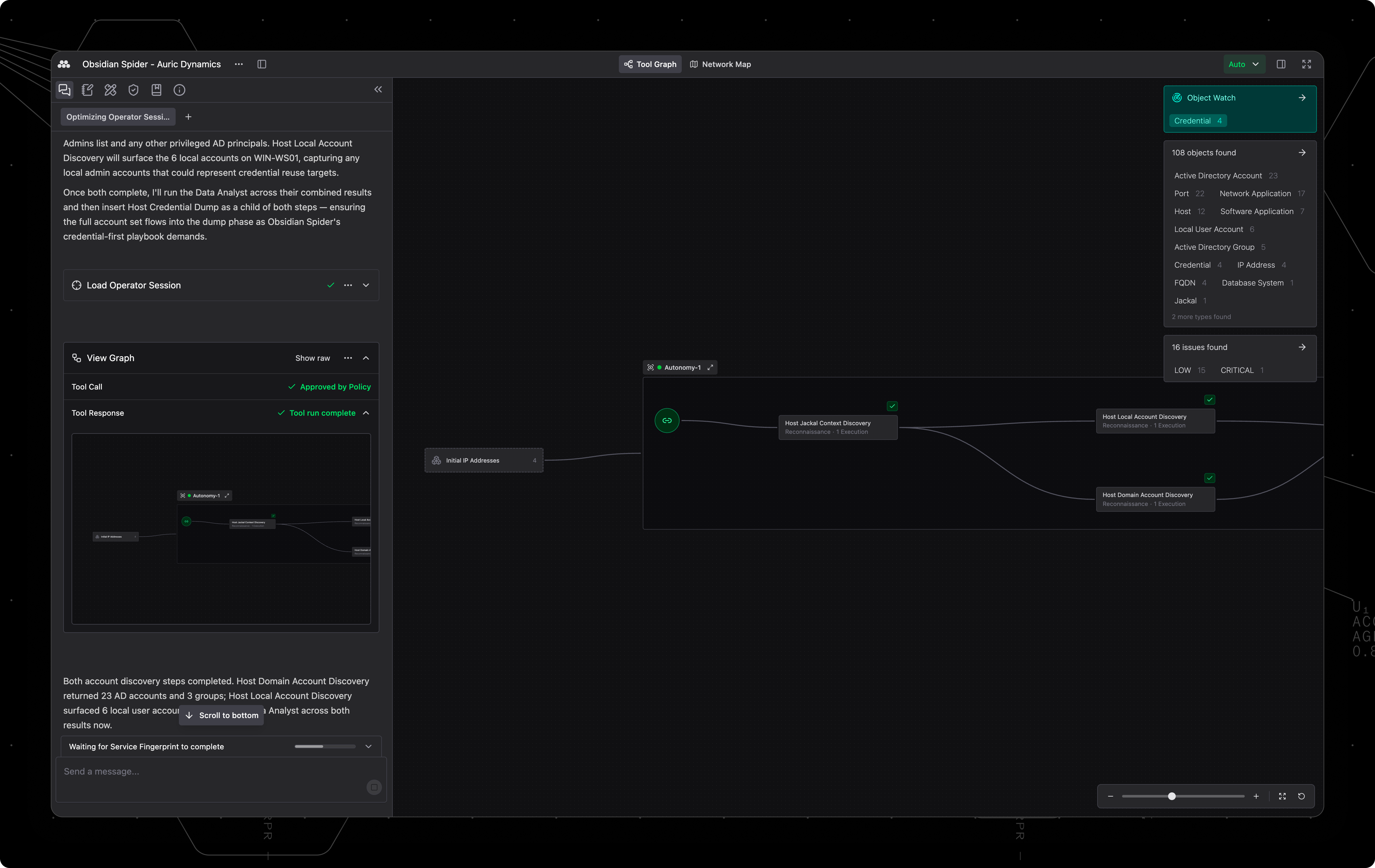 The Operator workspace running an Operation against Auric Dynamics emulating Obsidian Spider, with an Operator AI chat panel on the left showing reasoning about Host Local Account Discovery and follow-on credential dump steps, the Tool Graph on the canvas branching from Initial IP Addresses through Host Jackal Context Discovery into Host Local Account Discovery and Host Domain Account Discovery, and the right panel showing 108 Objects grouped by type with Credential highlighted as the Object Watch target and 16 Findings.