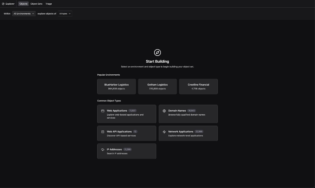 Explorer zero state with filtering quickstart cards in the center and the Environment and Object Type selectors at the top