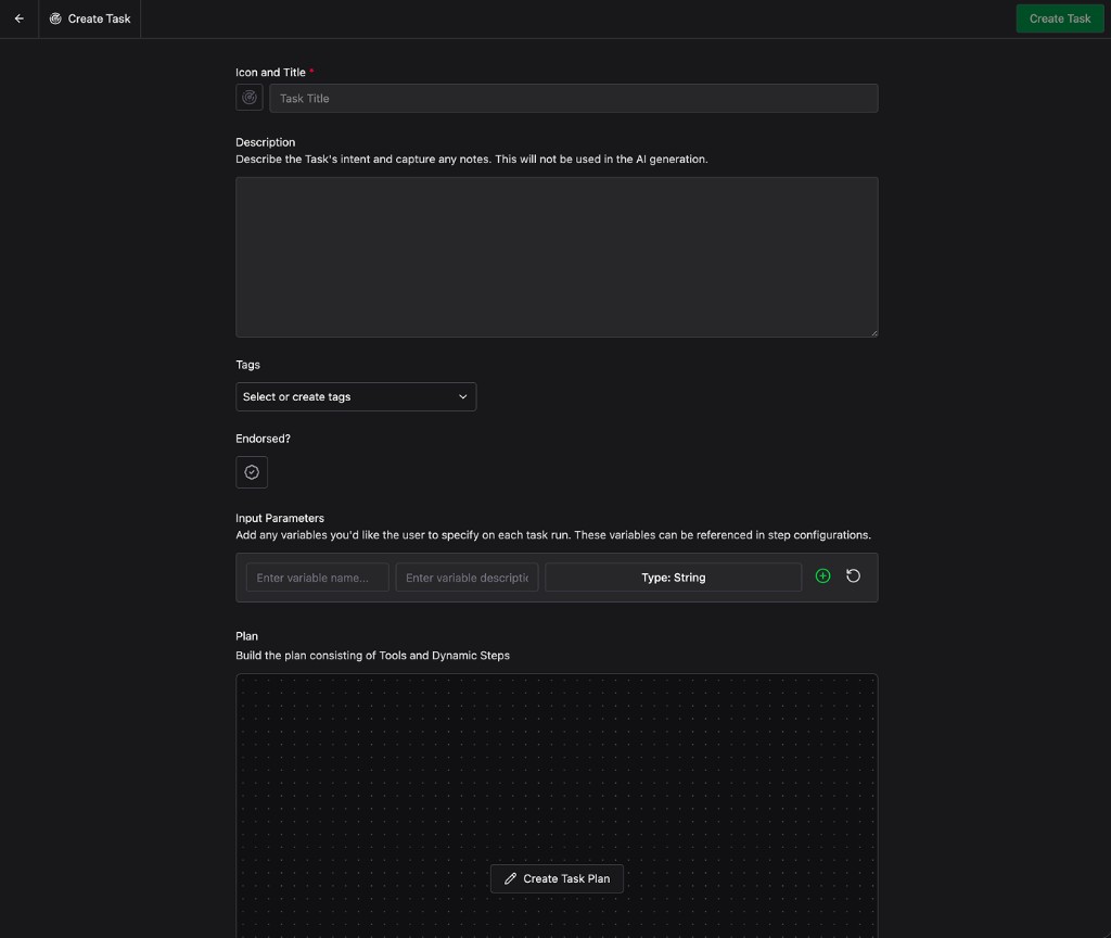 Create Task form with Icon and Title, Description, Tags, Endorsed toggle, Input Parameters, and Plan sections
