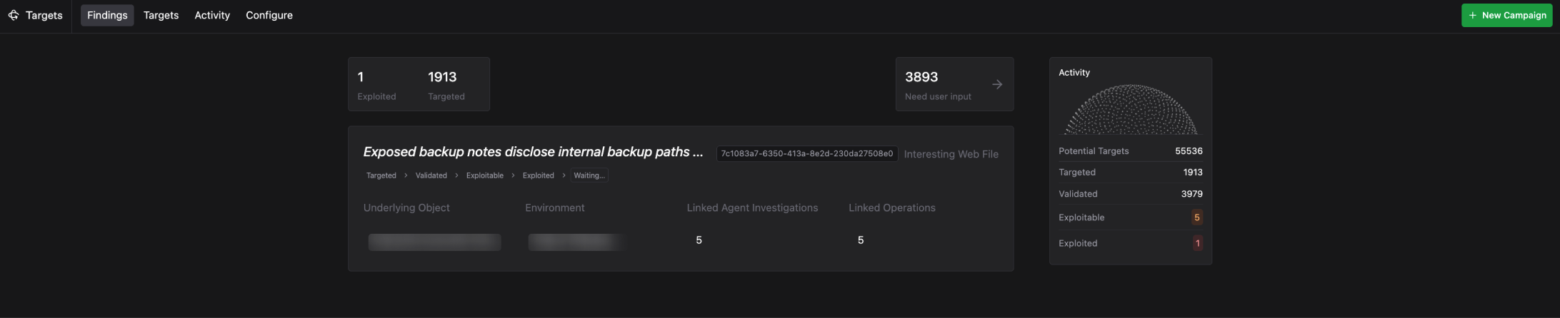 Findings page showing a list of exploited attack paths with status, severity, package, and trigger details