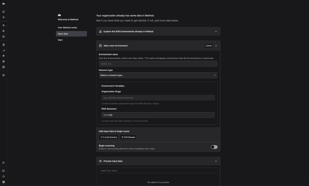 Add a new Environment form showing fields for Environment name, network type, Organization Slugs, DNS Resolvers, Critical Domains, CIDR Ranges, and a Begin scanning toggle.
