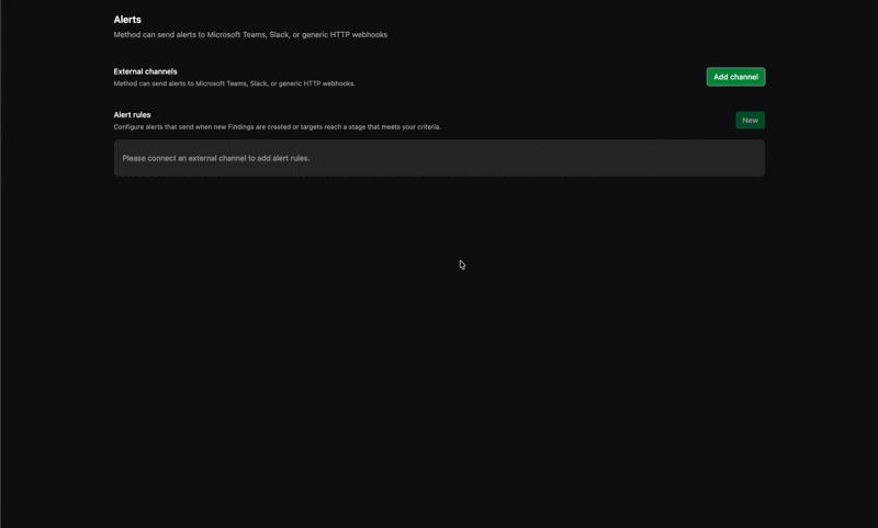 The Alerts page showing the External channels and Alert rules sections, with the Add channel button