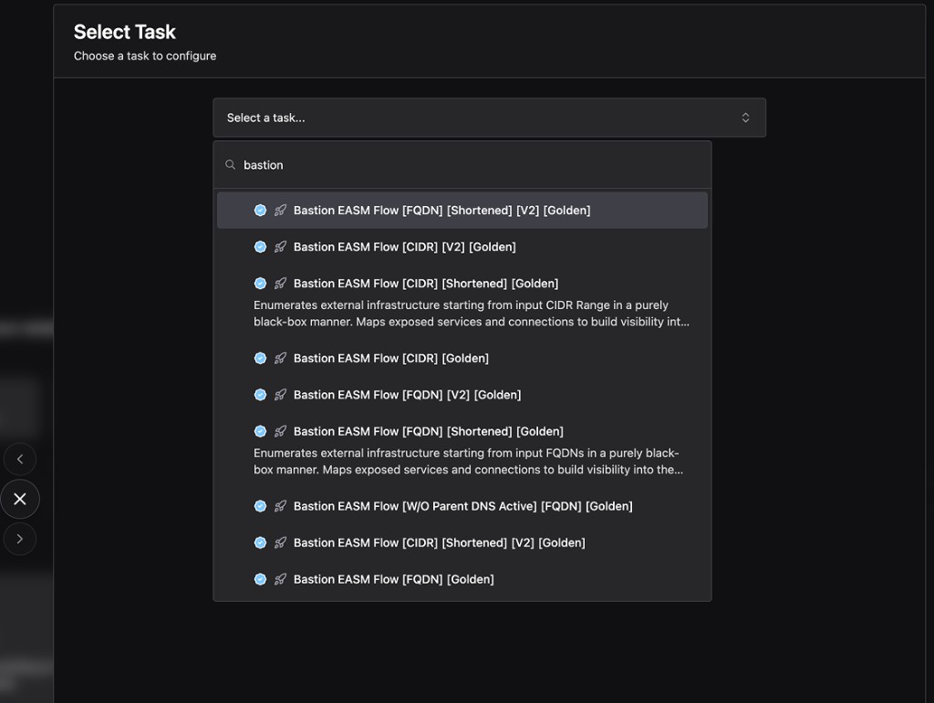Select Task picker showing search results for Bastion EASM Flow Tasks