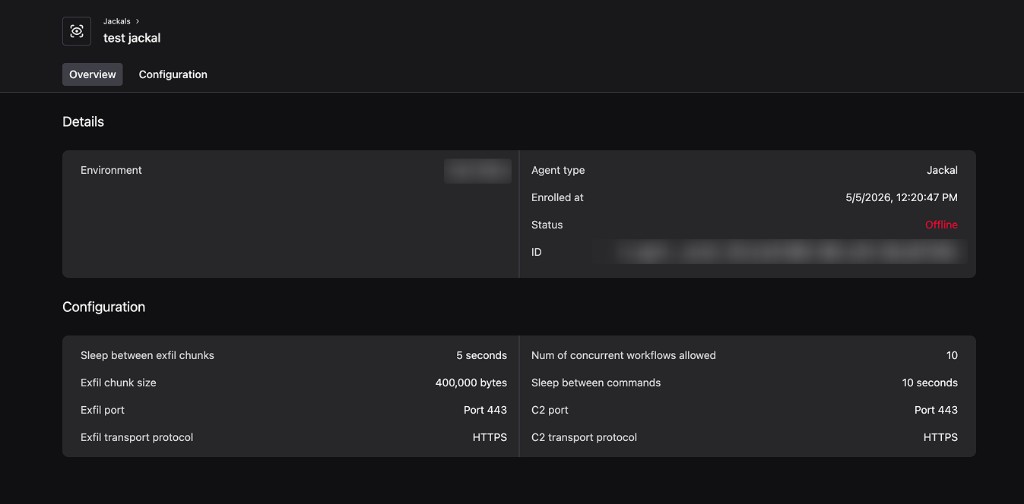 Jackal detail page Overview tab showing Environment, Agent type, Enrolled at, Status, ID, and a configuration summary