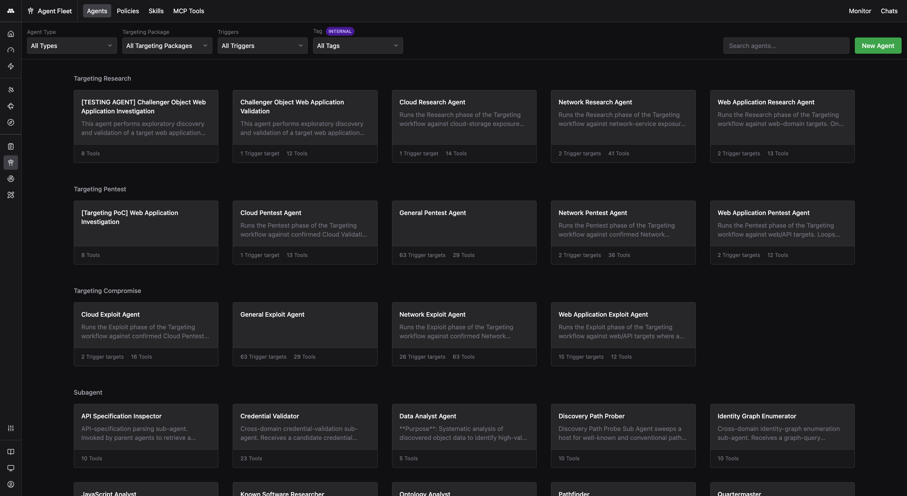 Agent Fleet overview showing Agent cards grouped by stage with filters for Agent Type, Targeting Package, Triggers, and Tags.