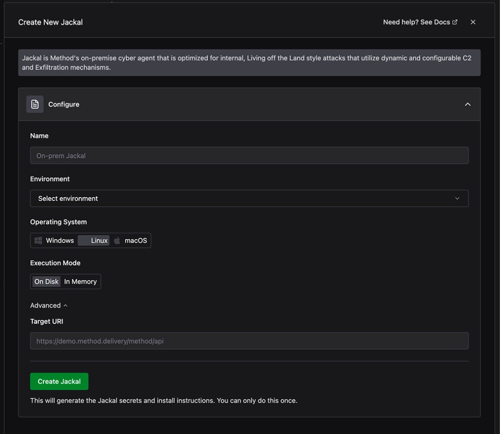 Create New Jackal dialog with Name, Environment, Operating System, Execution Mode, and Advanced Target URI fields