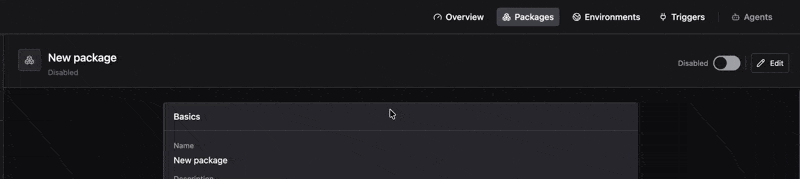 Clicking the Edit button on a new blank Package to open the configuration form