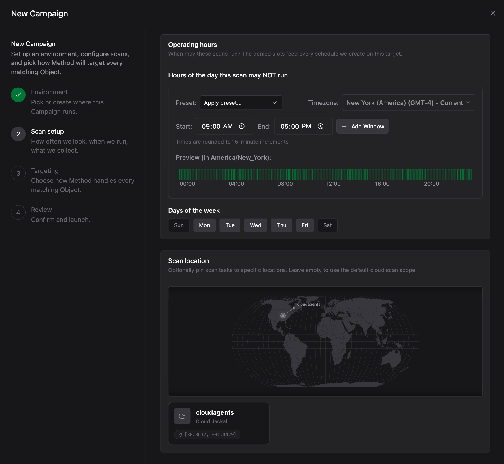 Lower portion of the scan setup screen showing an operating hours timeline preview with green bars indicating allowed hours, a days of the week selector with Mon through Fri selected, and a Scan location section with a world map showing a cloudagents Jackal pinned at coordinates 38.3632, -91.4429
