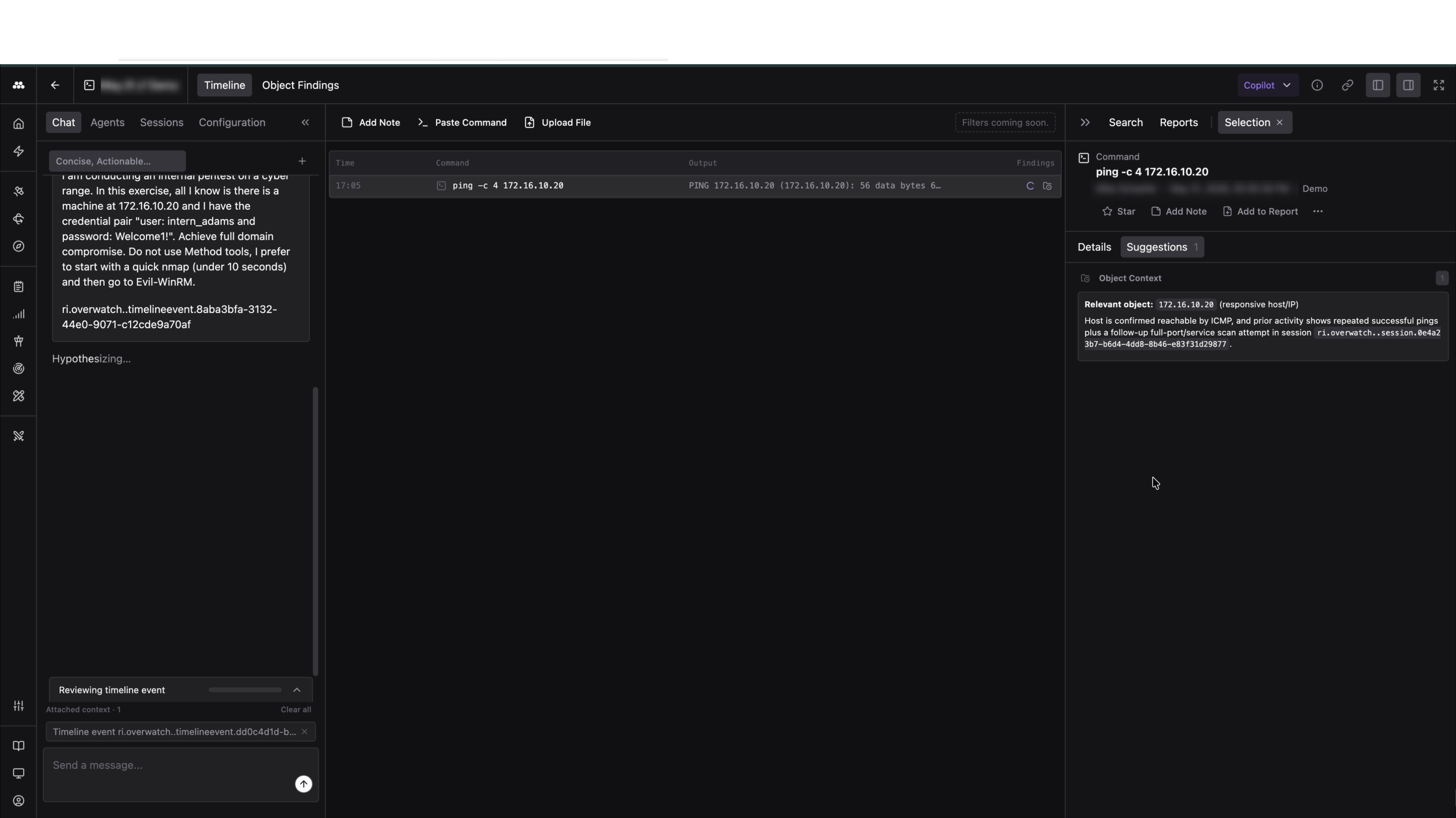 Timeline view with Selection panel showing command details and suggestions