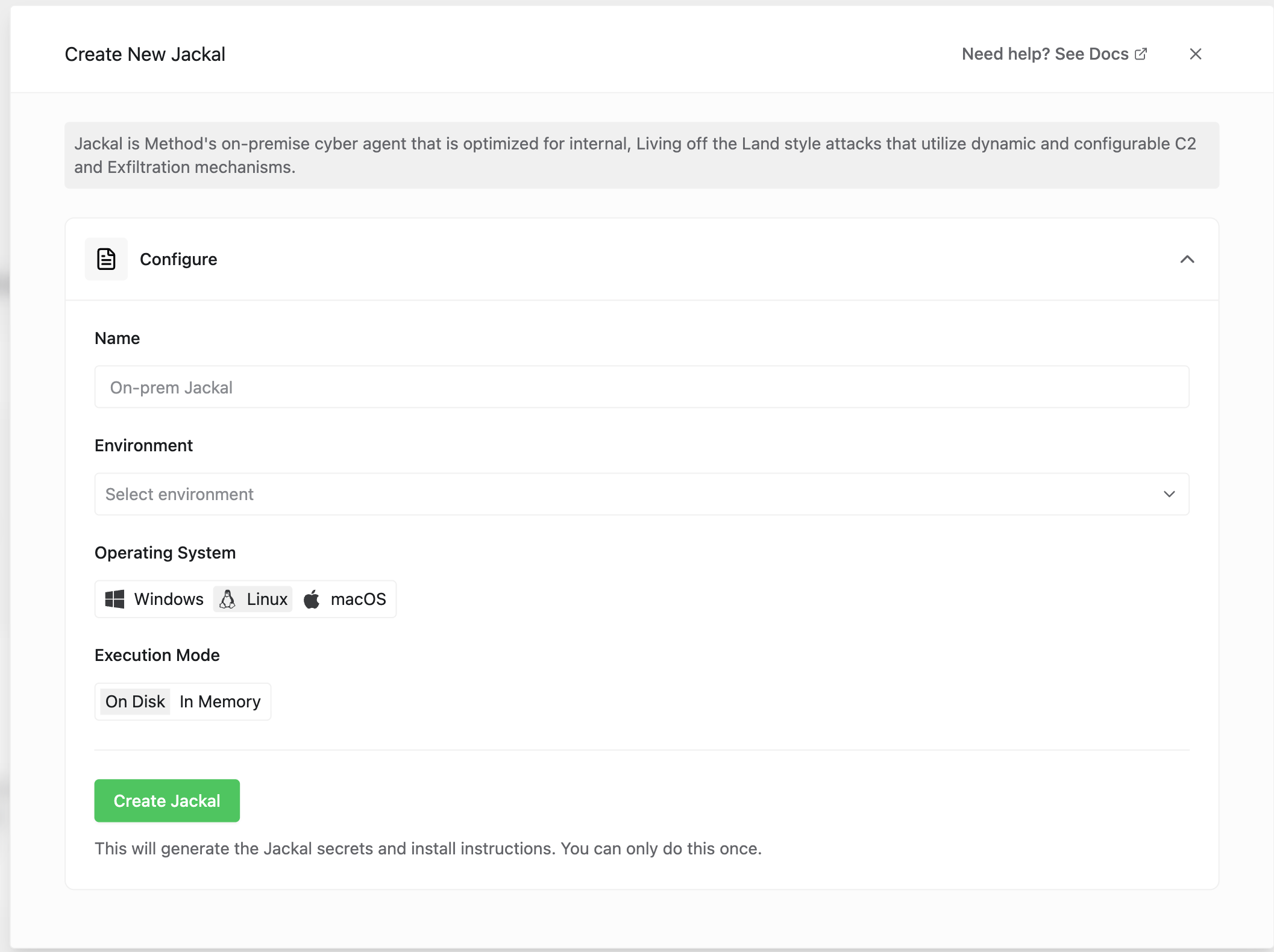 The Create New Jackal modal in the Method Platform with fields for Name, Environment, Operating System (Windows, Linux, macOS), and Execution Mode (On Disk, In Memory), and a Create Jackal button at the bottom.