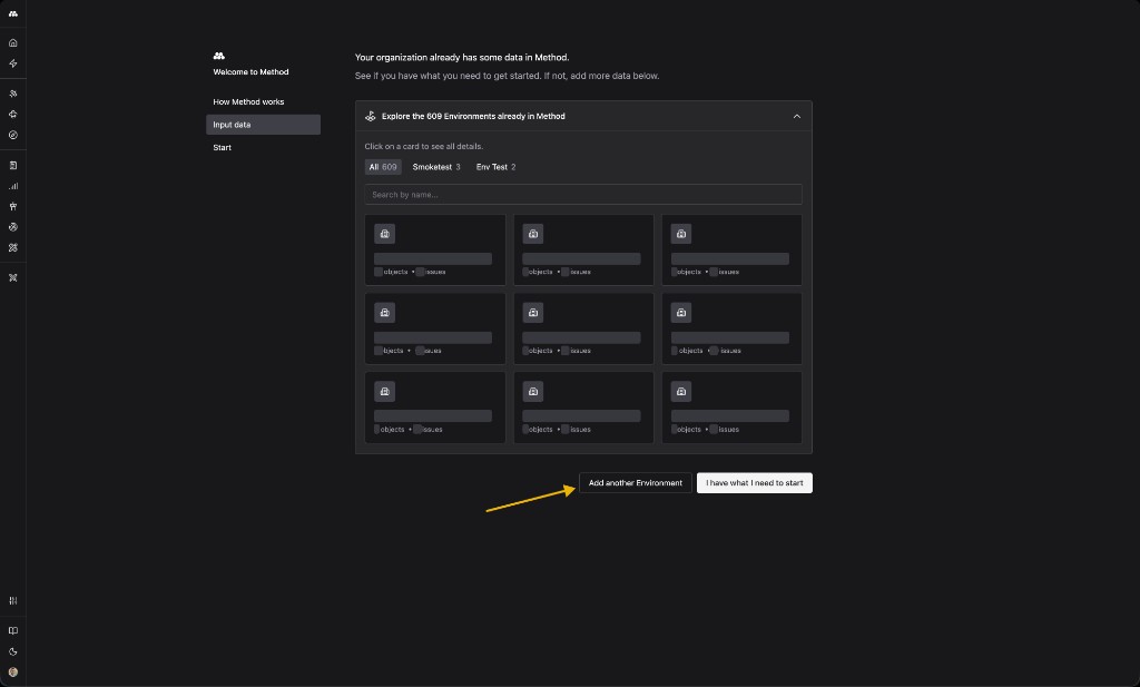 Welcome to Method onboarding wizard on the Input data step, showing a grid of existing Environments with a yellow arrow pointing at the Add another Environment button.
