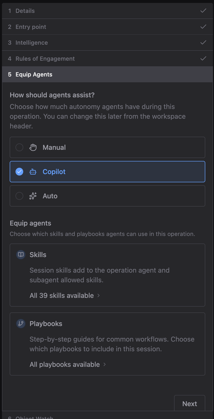 Equip Agents step with the heading How should agents assist? above Manual, Copilot, and Auto autonomy options with Copilot selected, and Skills and Playbooks summary cards below