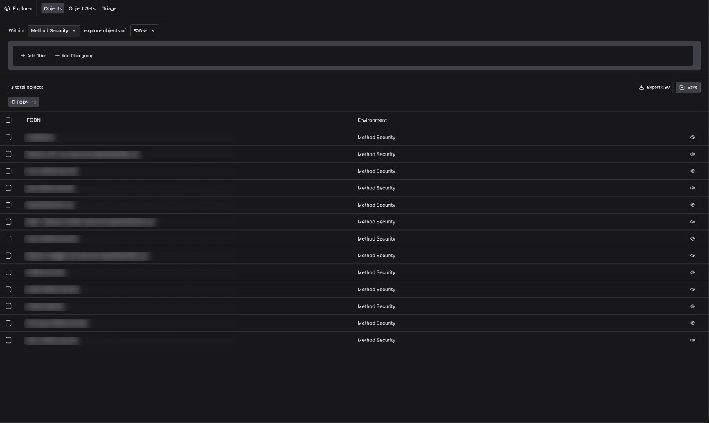 Explorer results table populated after selecting an Environment and Object Type filter