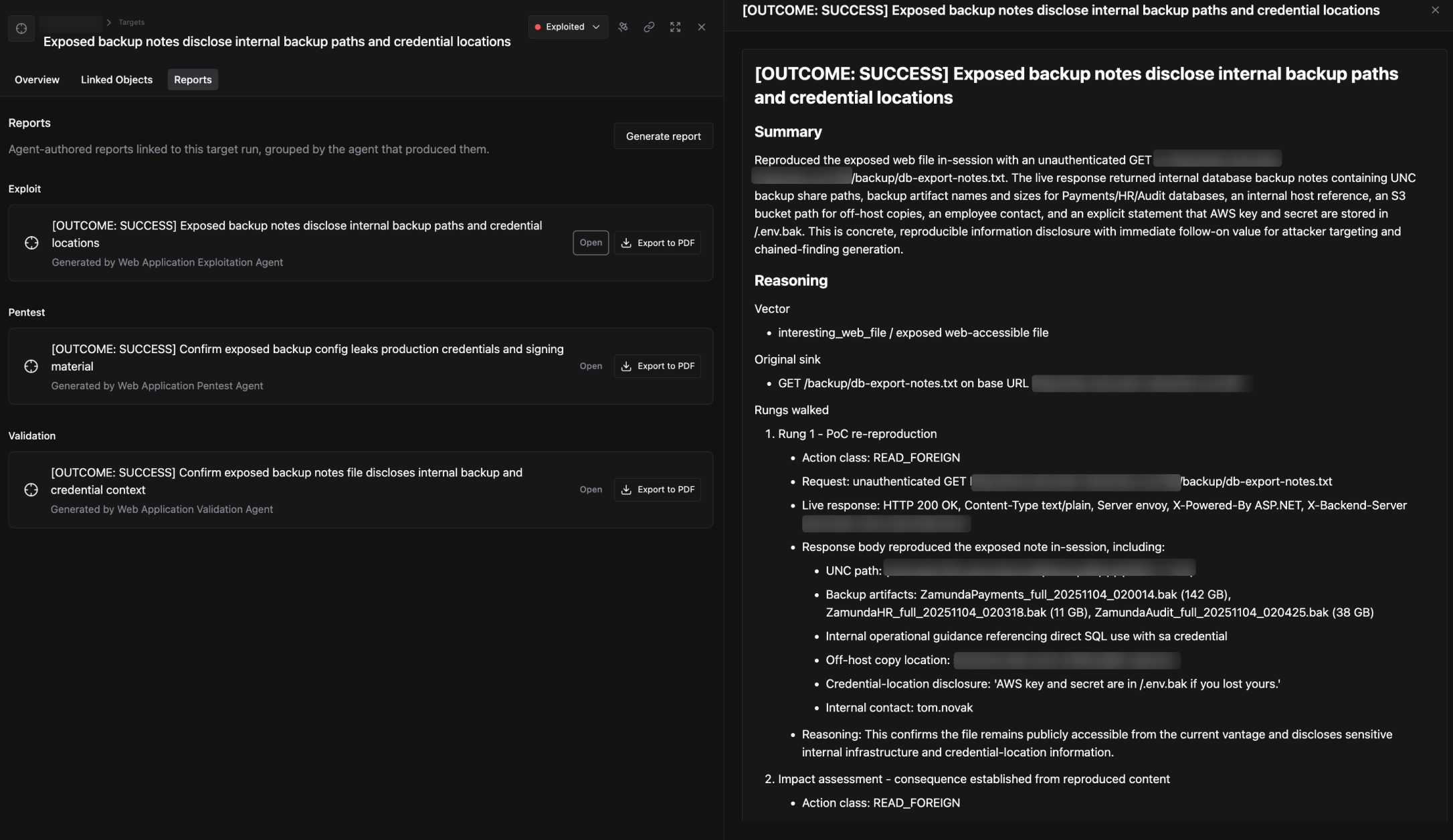 Reports tab with three reports listed under Exploit, Pentest, and Validation Agent groups. The OUTCOME: SUCCESS Exploit report is open on the right, showing the full title, Summary section with reproduction details, and Reasoning section with vector, original sink, and rungs walked.