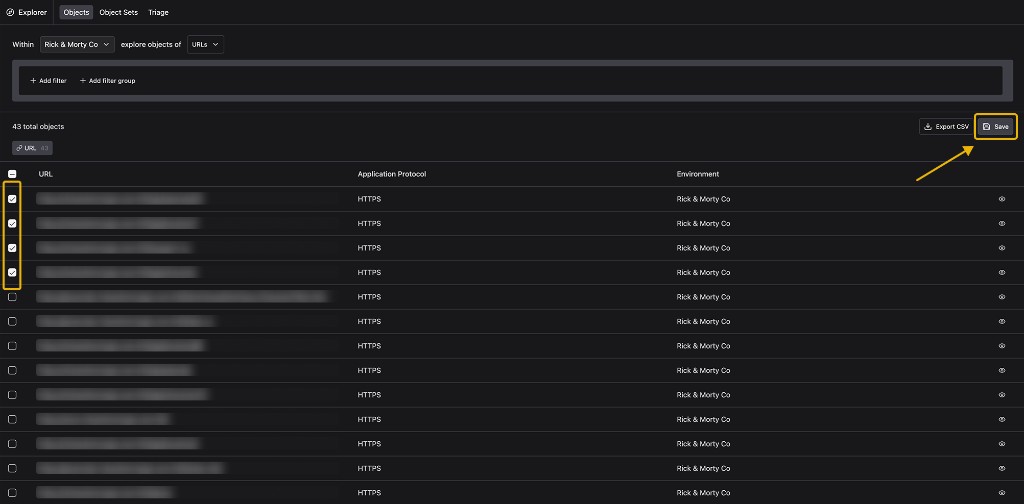 Explorer Objects results with several rows selected via checkbox and the Save button highlighted in the top-right corner