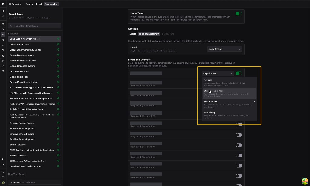 Targeting Configuration screen for the Cloud Bucket with Open Access Target Type, with the Use as Target toggle enabled, a Default Rule of Engagement of Stop after PoC, and an Environment Overrides dropdown open in yellow showing Full auto, Stop after validation, Stop after PoC, and Manual only.