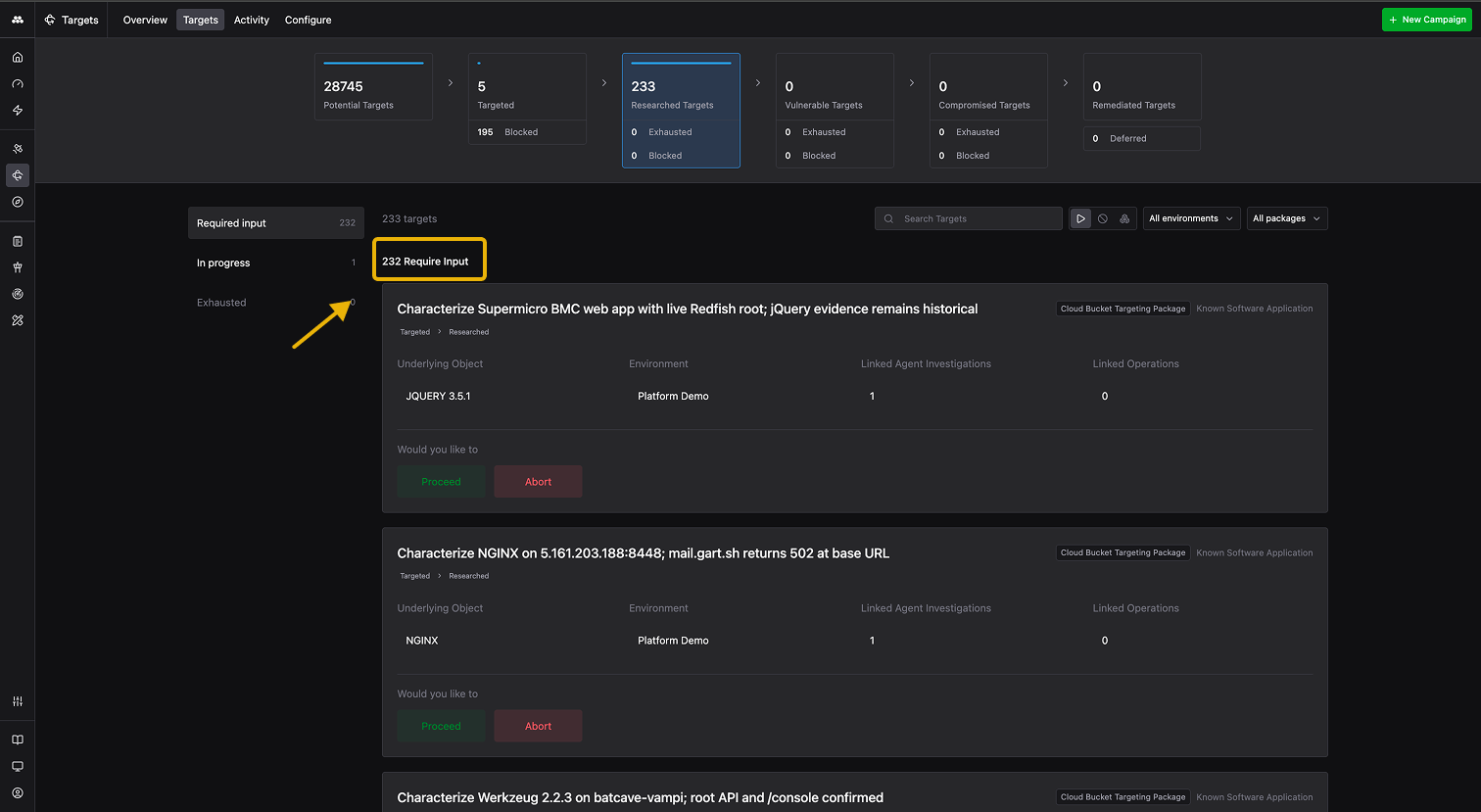 Targets tab showing Required input section in the left sidebar, with Target cards displaying Agent session summaries and Proceed/Abort buttons.
