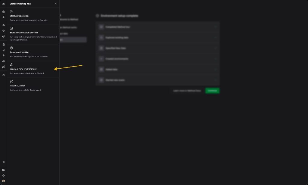 Start something new menu with a yellow arrow pointing at the Create a new Environment option.