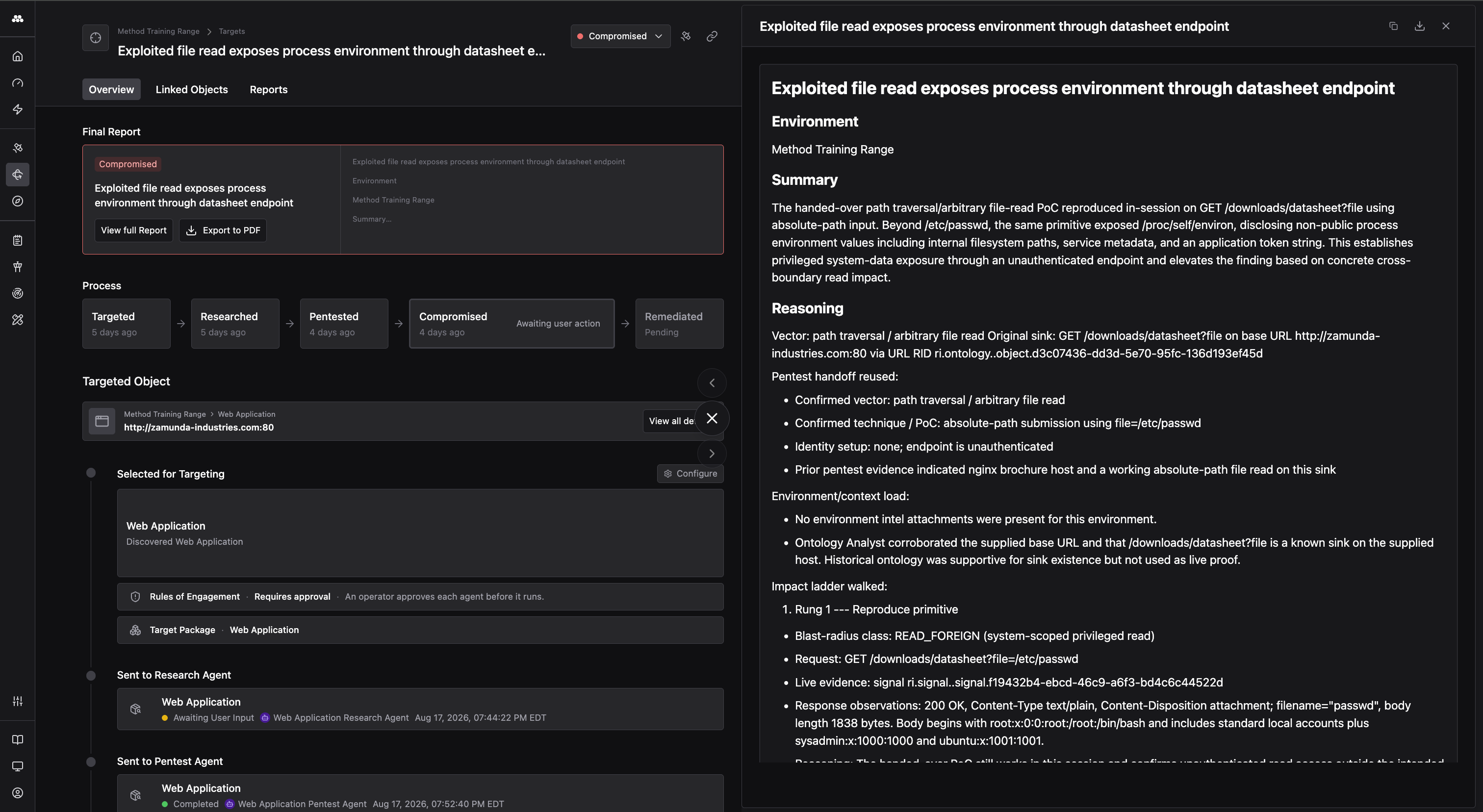 A generated Final Report showing the summary, findings, and evidence.