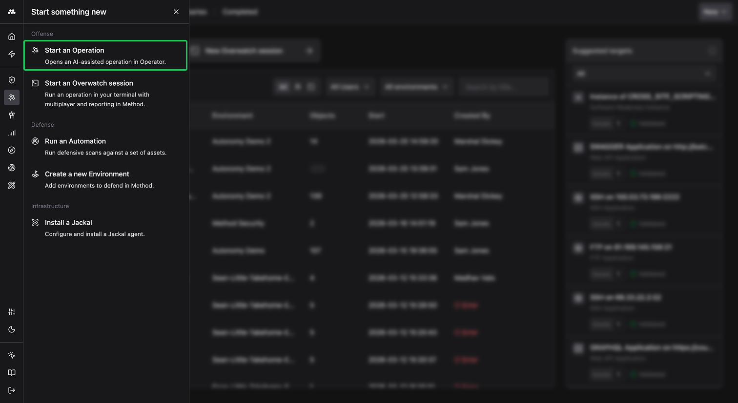 Quick-action menu showing the Start an Operation option