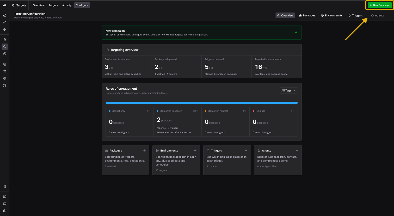 Targeting Configuration overview with the + New Campaign button highlighted in the top right.