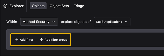 Filter bar in Explorer showing the Add Filter and Add Filter Group buttons