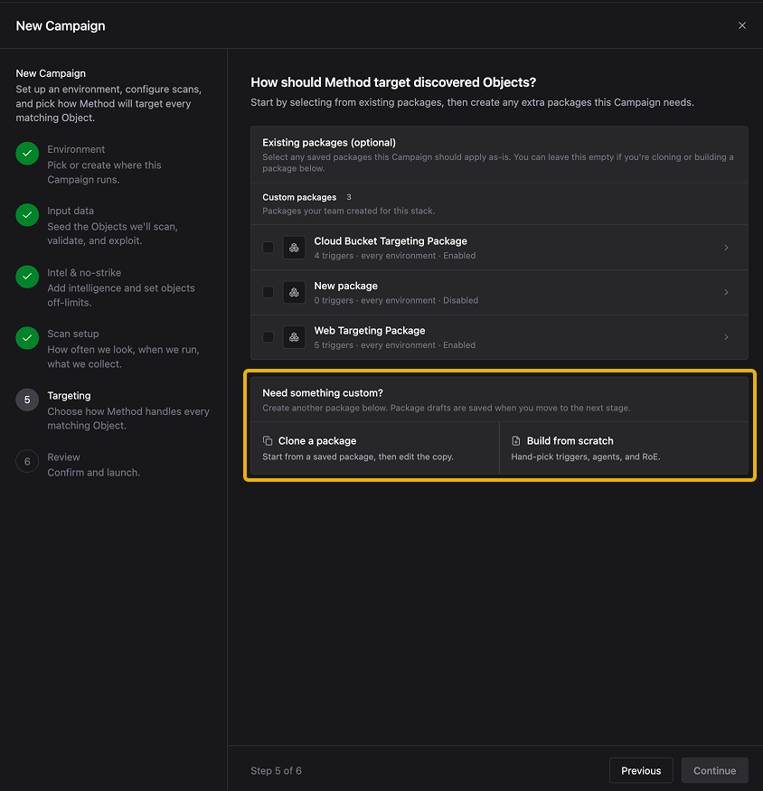 Campaign wizard showing Clone a package and Build from scratch options