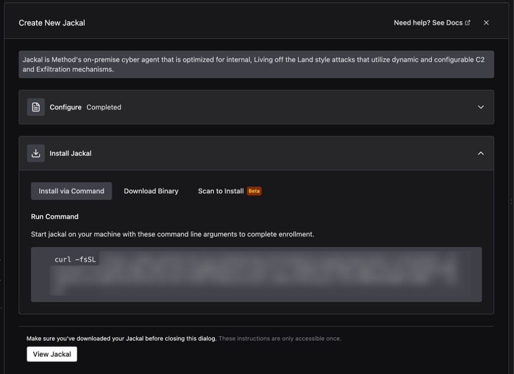 Install Jackal step showing Install via Command, Download Binary, and Scan to Install Beta tabs with a curl command