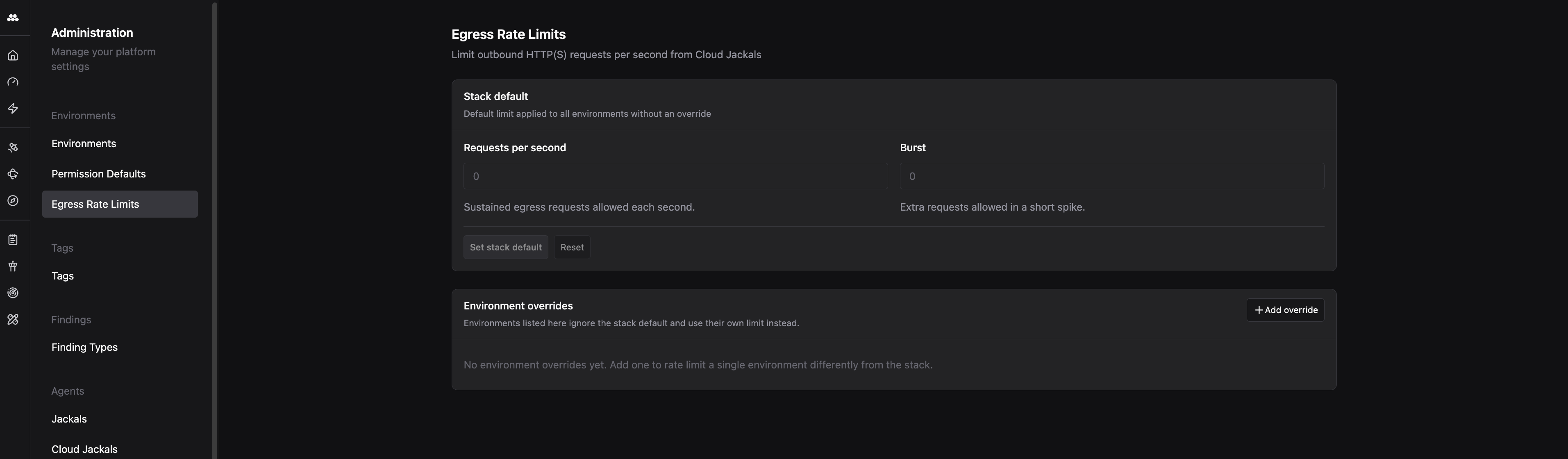 Egress Rate Limits page in the Administration app, showing an Instance default card with Requests per second and Burst fields above Set instance default and Reset buttons, and an Environment overrides card for rate limiting a single Environment differently from the instance default