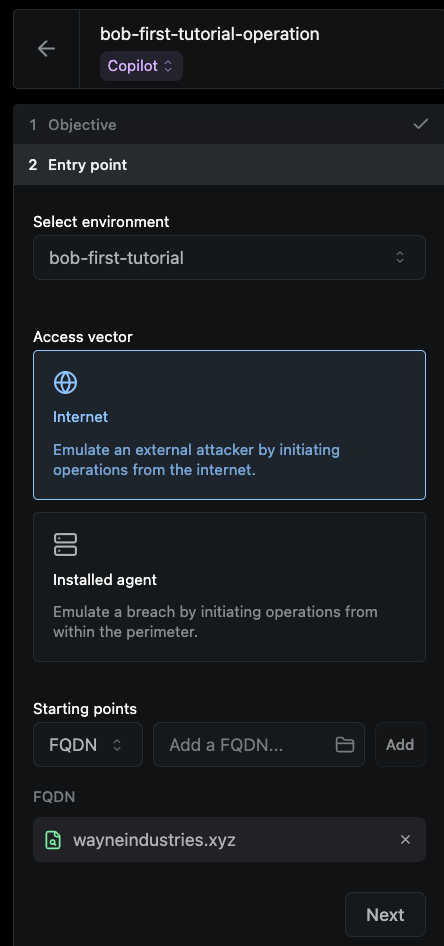 The Entry point step of the New Operation form in Operator, with an Environment selected, the Internet and Installed agent access vector options visible (Installed agent described as emulating a breach by initiating operations from within the perimeter), and a Starting points field with an FQDN added.
