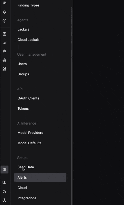 The Admin navigation menu with Alerts selected under the Setup group, alongside Seed Data, Cloud, and Integrations
