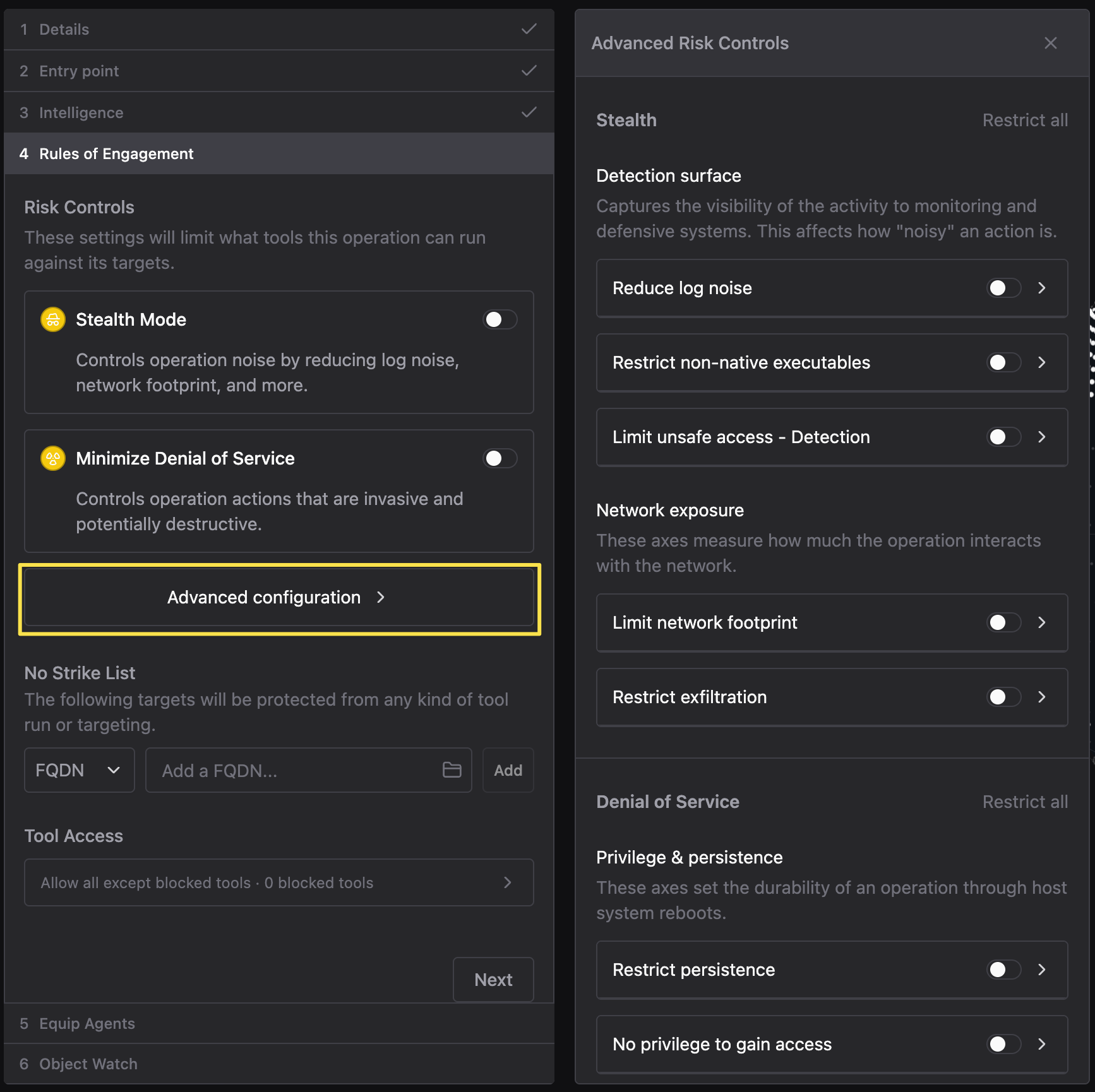 Rules of Engagement step showing Stealth Mode and Minimize Denial of Service toggles above an Advanced configuration button, a No Strike List, and Tool Access, beside an Advanced Risk Controls panel listing individual Stealth and Denial of Service axes with Restrict all options