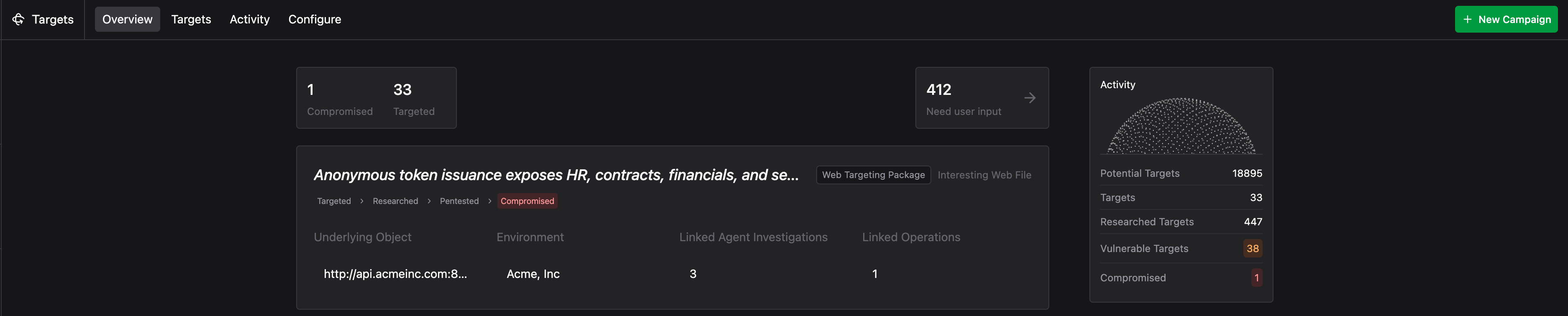 Targeting Overview page with summary cards for Compromised and Targeted counts and a Need user input card, and an Activity panel breaking down Potential Targets, Targets, Researched Targets, Vulnerable Targets, and Compromised counts