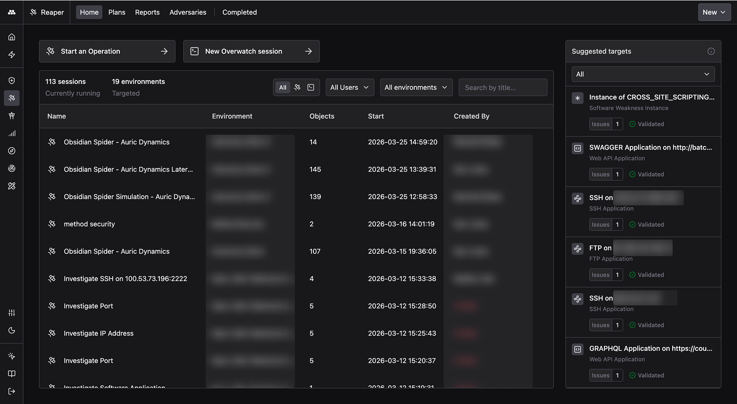 Operations page showing active sessions and suggested targets