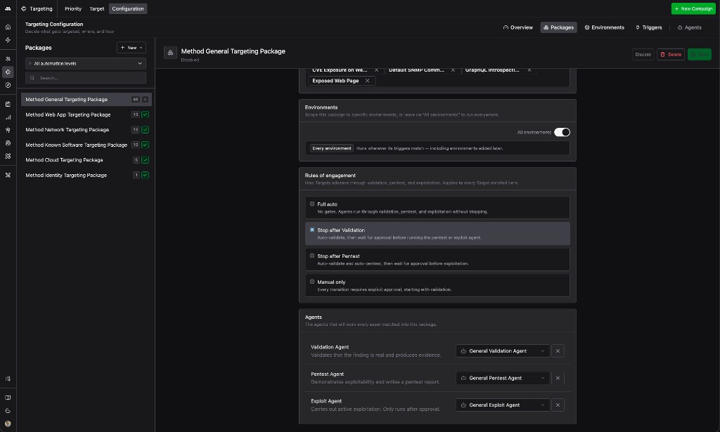 Bottom half of the same Package configuration form, with the All environments toggle on, Rules of engagement set to Stop after Validation, and three Agents assigned: General Validation Agent, General Pentest Agent, and General Exploit Agent.